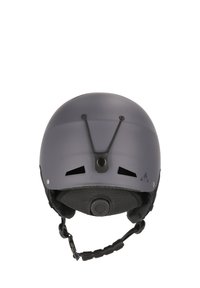 Grå hjälm med matt yta, cirkulär ratt på baksidan, justerbara remmar och ventilationsöppningar på sidorna.