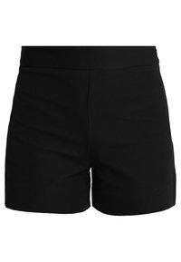 Pantaloni corti neri in un tessuto liscio. Caratterizzati da un design a vita alta con linee pulite e senza chiusure o tasche visibili. Semplici e minimalisti.