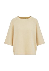 Pull beige à manches courtes en maille avec un col rond et une coupe décontractée, présenté sur un fond blanc.