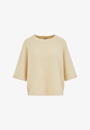 Bēša īsroku trikotāžas džemperis ar apaļu kakla izgriezumu un brīvu pieguļumu, attēlots uz balta fona.