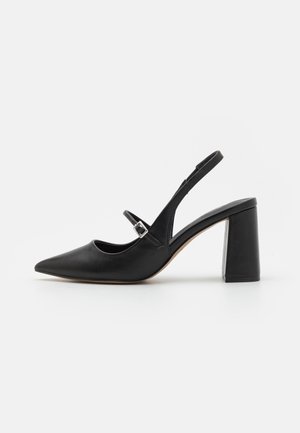 Black leather slingback pump with a pointed toe, adjustable ankle strap, and chunky square heel. Smooth texture and minimal design.