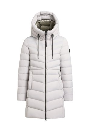 Vaaleanharmaa pehmeä talvitakki, jossa on huppu, etuvetoketju, taskut ja säädettävät nyörit hupussa.