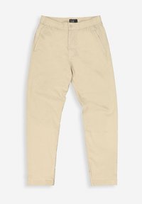 Beige katoenen chinos met een elastische tailleband, zijzakken en taps toelopende pijpen. Glad textuur en eenvoudig ontwerp.