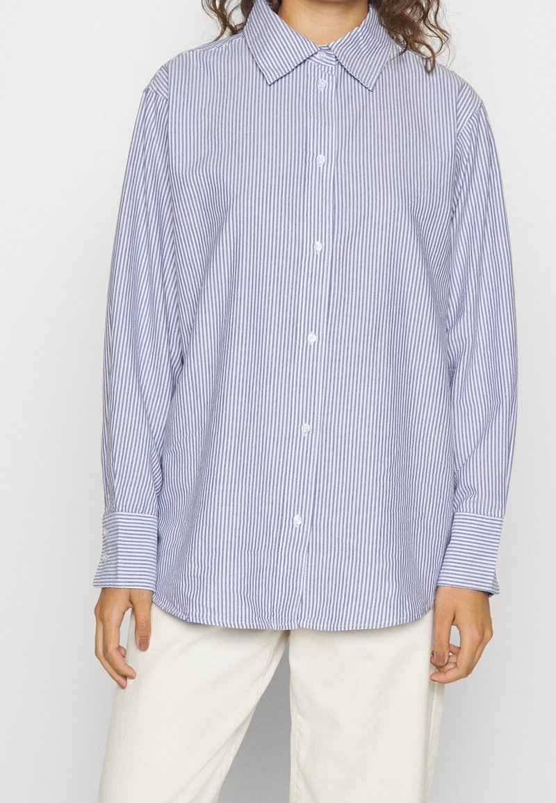 Raidallinen nappikauluspaita, jossa on vaaleansininen ja valkoinen värimaailma. Paidassa on kaulus, pitkät hihat ja rento leikkaus. Kangas näyttää sileältä.