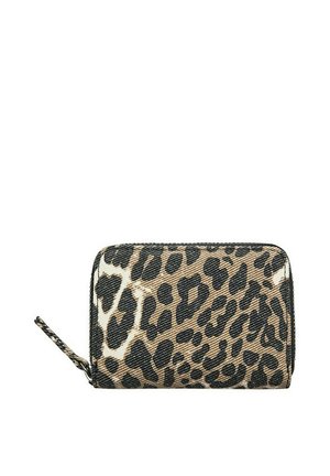 Petit portefeuille zippé avec motif léopard en marron, beige et noir, avec une lanière assortie pour poignet.