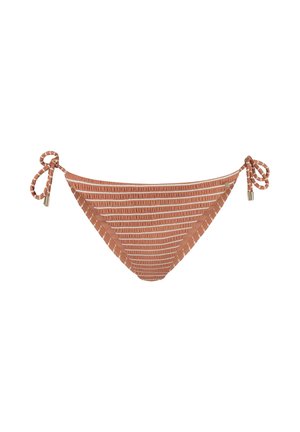 Bruin-wit gestreepte bikinibroek met zijstriksluitingen en metalen uiteinden aan de koordjes, gepresenteerd op een witte achtergrond.