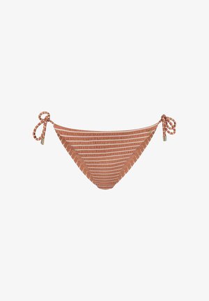 Bruin-wit gestreepte bikinibroek met zijstriksluitingen en metalen uiteinden aan de koordjes, gepresenteerd op een witte achtergrond.
