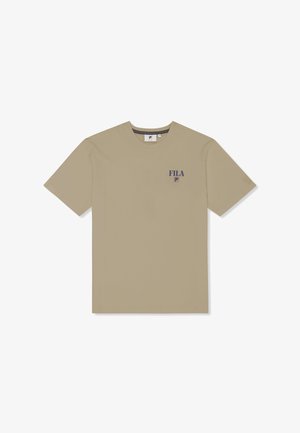 Beżowy krótki rękaw T-shirt Fila z okrągłym dekoltem i małym granatowym logo "FILA" na lewej piersi.