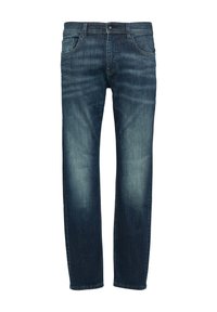 Donkerblauwe denim jeans met een rechte pijpdesign, voorzien van vervaagde accenten en vijf zakken, afgewerkt met een klassieke knoopsluiting.