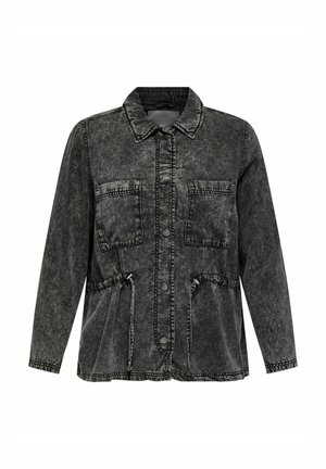 Veste en denim noir avec un col, deux poches sur la poitrine, une taille élastique et des détails de surpiqûres contrastées. Finition texturée.