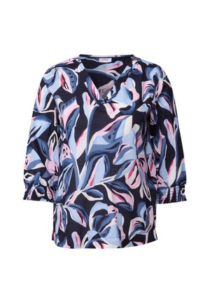 Floral-patterned blouse with a navy background, featuring pink and blue leaves, V-neckline, and three-quarter pleated sleeves.