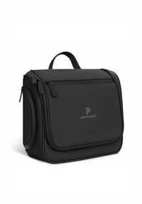 Bolsa de almuerzo aislante negra con cierre de solapa, cremalleras dobles, logo frontal, asa para llevar y acabado mate suave.