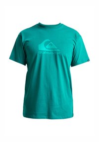 Turquoise cotton t-shirt featuring a large light blue Quiksilver logo on the front. Classic crew neck and short sleeves. Smooth texture.