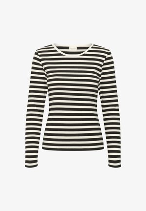 Ilgi piedurkņu tops ar apaļu kakla izgriezumu, ar maiņojošām melnajām un baltajām svītrām, izgatavots no ribota auduma. Nav izteiktu akcentu vai detaļu.