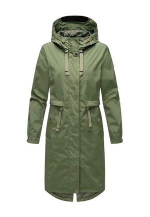 Grønn vanntett parkas med hette, snor i midjen, glidelås foran og lukking med trykknapper. Lange ermer og to sidelommer.