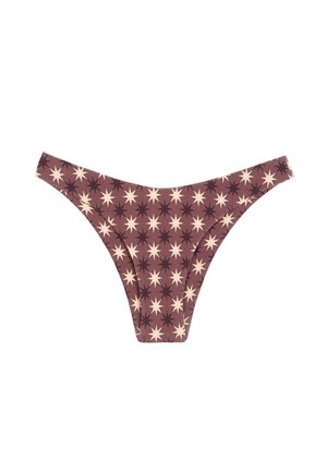 Parte inferior de bikini marrón con un patrón de estrellas de ocho puntas alternas claras y oscuras sobre un fondo blanco.