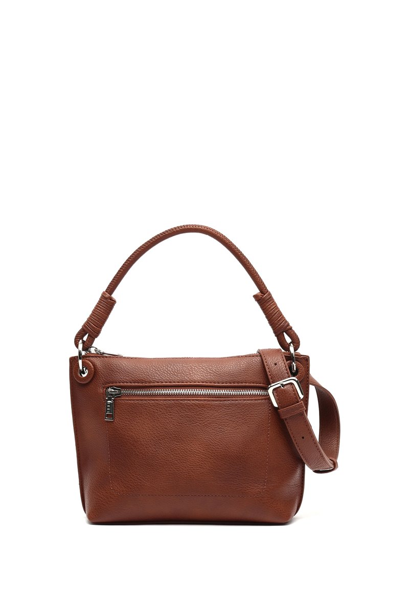 Sac à main en cuir marron avec une surface texturée, doté d'une poche zippée à l'avant et d'une bandoulière amovible. Poignée courte avec des accents de prise.