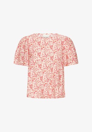 Bloemenprint top met korte pofmouwen. Kenmerkt zich door een zachte, lichtgewicht stof in een roze en rode kleurstelling met ingewikkelde bloemenpatronen.
