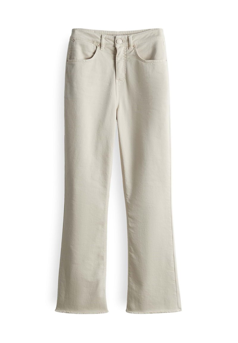 Beige, hoog getailleerde flared jeans met een gladde textuur, vijf-pocket ontwerp en rafelige zomen aan de onderkant, gemaakt van katoen.