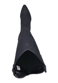 Black denim ankle boot with a pointed toe and high shaft. Features a smooth interior and a seam along the back, closure not visible.