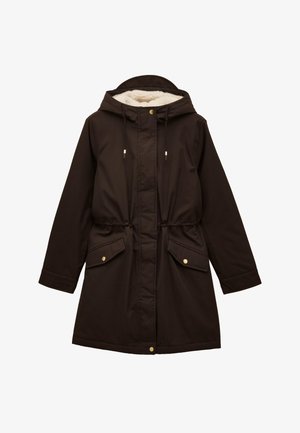 Brauner Parka mit weichem, cremefarbenem Fleecefutter, Kordelzugkapuze und zwei Vorderentaschen mit goldfarbenen Knopfdetails sowie einem lockeren Sitz.