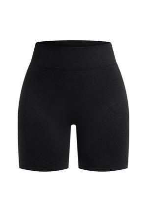 Zwarte sportshorts gemaakt van rekbare stof, met een brede geribbelde tailleband en een gladde textuur, tot op de midden van de dij gesneden.