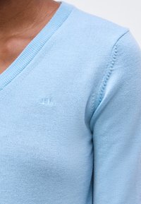 Εγγύς λήψη ατόμου που φοράει ένα γαλάζιο πλεκτό πουλόβερ με V ντεκολτέ και διακριτικό κεντητό λογότυπο στο στήθος.