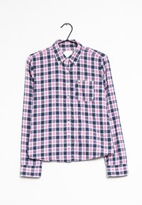 Långärmad rutig skjorta i marinblått, rosa och vitt, med krage som knäpps, framficka och knäppning fram.