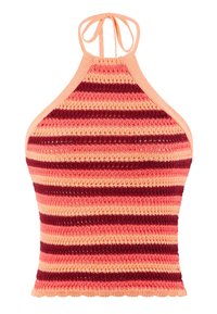 Top halter in maglia con strisce orizzontali pesca, rosa e bordeaux, con spalline annodabili e orlo a scallop.
