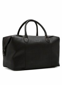 Svart läderresväska med strukturerad yta, rundade handtag, dragkedjestängning och kontrasterande sömnadsdetaljer längs sömmarna.