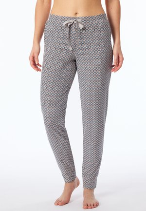 Pantalons de pyjama à motifs en tissu doux. Présente une base gris clair avec un design géométrique en bleu, rose et crème. Comprend une taille avec cordon de serrage.
