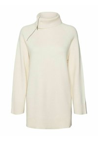 Pull à manches longues couleur crème avec un col cheminée haut, présentant une fermeture éclair argentée en angle sur le côté gauche.