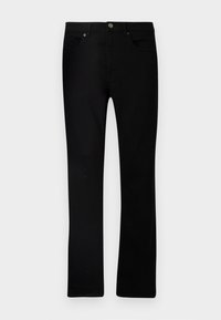Jean noir en denim, avec une coupe droite, un design à cinq poches, une fermeture à bouton en métal et des détails de couture minimaux.