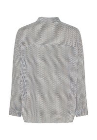 Langærmet bluse i let stof med et geometrisk prikkemønster i brun på en lys baggrund. Har krave og knapmanchetter.