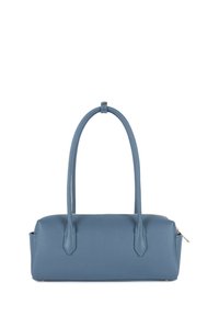 Blaue Lederhandtasche mit Reißverschluss, zwei langen Griffen, rechteckiger Form, glatter Textur und dreieckigen Akzenten an den Griffen.