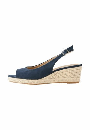 Granatowy zamszowy sandał na koturnie z otwartym noskiem, regulowanym paskiem na kostce i plecioną podeszwą z juty.