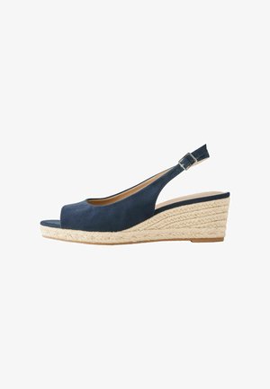 Tumesinised seemisnahast kiilmadalad sandaalid avatud varbaosaga, reguleeritava pahkluu rihmaga ja punutud jitest tallapõhjaga.