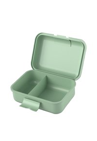 Compact rectangular mint green lunchbox open to show two equally sized compartments and a secure latch on front.