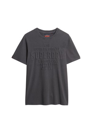 Dunkelgrau Baumwoll-T-Shirt mit Rundhalsausschnitt, auf der Vorderseite mit erhabenem Text "THE WORLDS FINEST SUPERDRY T SHIRT CO. EST. JPN 1954".
