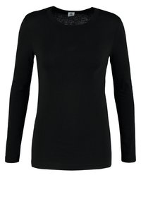 Svart långärmad t-shirt gjord av slät tyg, med rund ringning och en figurnära passform. Inga synliga mönster eller detaljer.