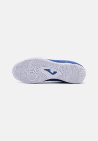 Blue athletic shoe with a textured upper, white rubber sole, and zigzag tread pattern. Logo featured on the side and sole.