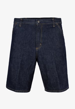 Calções de ganga em azul escuro com costuras amarelas, apresentando um botão frontal, passantes para cinto e bolsos laterais. Textura suave, design até ao joelho.