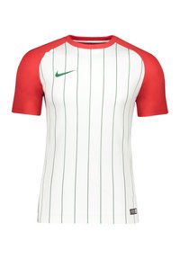 Maglietta sportiva bianca con strisce verdi verticali, maniche corte rosse e logo Nike verde sul petto. Presenta un collo rotondo.
