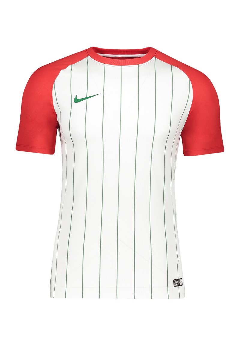 Maglietta sportiva bianca con strisce verdi verticali, maniche corte rosse e logo Nike verde sul petto. Presenta un collo rotondo.
