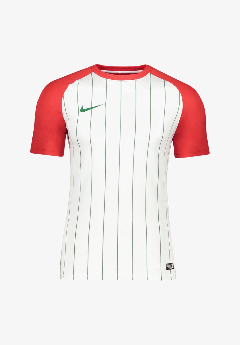 Maglietta sportiva bianca con strisce verdi verticali, maniche corte rosse e logo Nike verde sul petto. Presenta un collo rotondo.