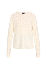 Kötött krém pulóver hosszú ujjakkal, textúrált cikk-cakk mintázattal. Kerek nyakkivágás, enyhén rövidített fazon és rugalmas szegély.