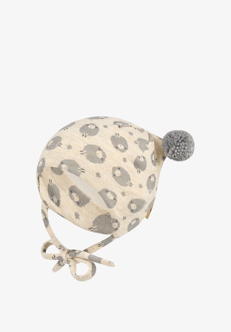 Beige baby hat with gray sheep pattern, ear flaps, tied straps, and a gray pom-pom on top.