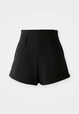 Shorts noirs taille haute en tissu lisse, dotés de deux poches avant, d'un ajustement soigné et de lignes épurées et simples.
