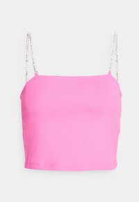 Różowy prążkowany crop top z cienkimi, przezroczystymi, koralikowymi ramiączkami. Posiada dopasowany krój i czyste wykończenie, podkreślając gładką fakturę.