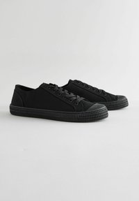 Sorte lærreds-sneakers med gummisål, rund tå, snørebåndsdesign og teksturerede sorte detaljer på sålen og tåhætten.